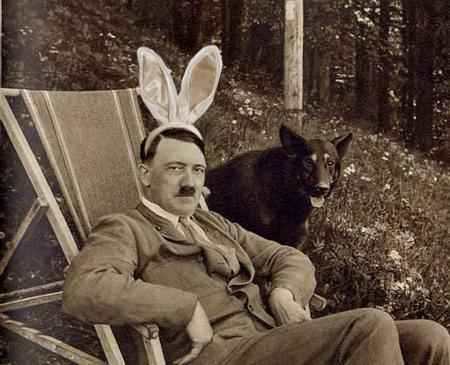 Hitler, bunny ears, dog.