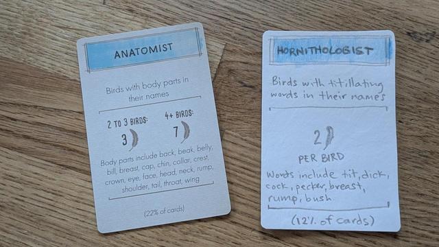 Photo of an official bonus card from Wingspan next to a homemade one.

Official card is Anatomist, offering points for birds with body parts in their names.

Homemade card is Hornithologist, offering points for birds with titillating words in their names. Words include tit, dick, cock, pecker, breast, rump, bush