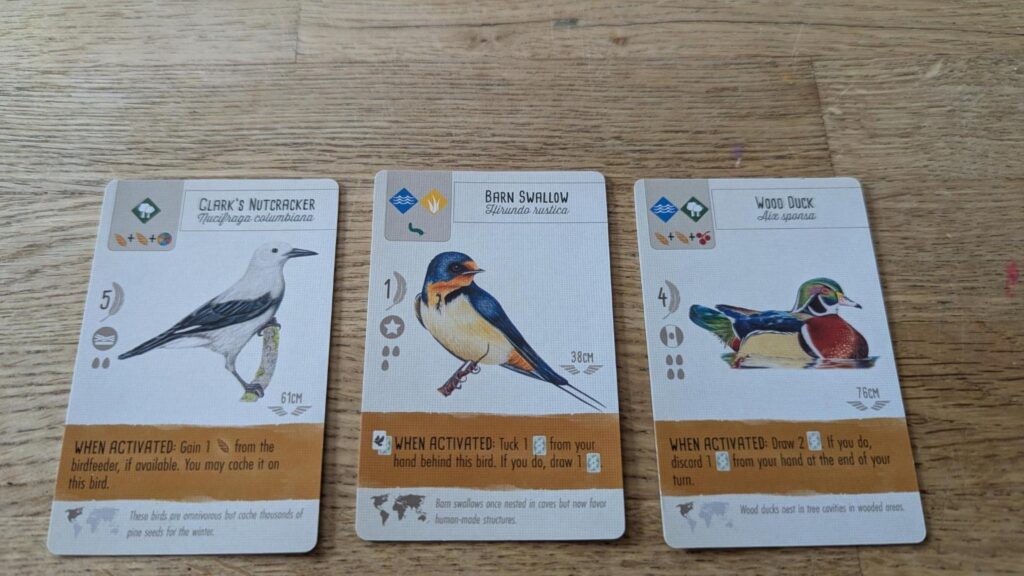 Photo of 3 illustrated bird cards from the game Wingspan: clark's nutcracker, barn swallow, wood duck