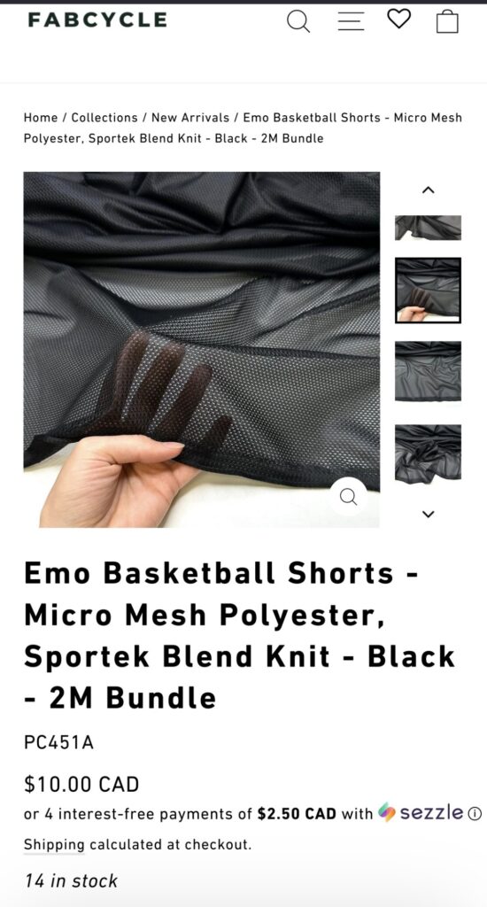 A listing on fabcycle.shop called 'Emo Basketball Shorts - Micro Mesh Polyester Sportek Blend Knit - Black - 2M Bundle' for $10 CAD