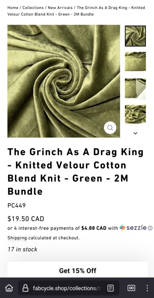 A listing on fabcycle.shop called 'The Grinch As A Drag King - Knitted Velour Cotton Blend Knit - Green - 2M Bundle' for $19.50 CAD