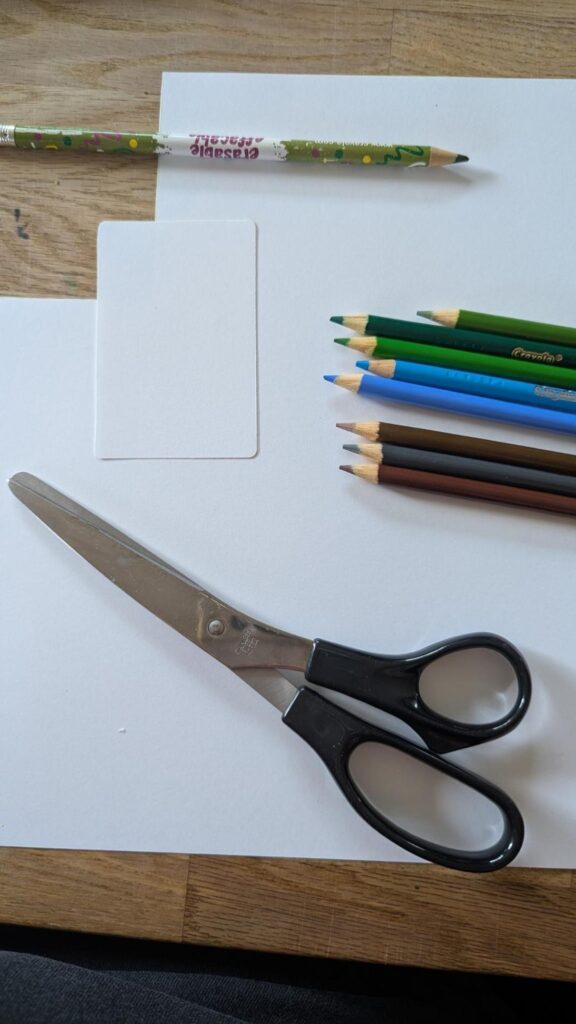 Photo showing a piece of white paper with a card shape cut out of it, a pair of scissors, and several pencil crayons in green, blue, and brown