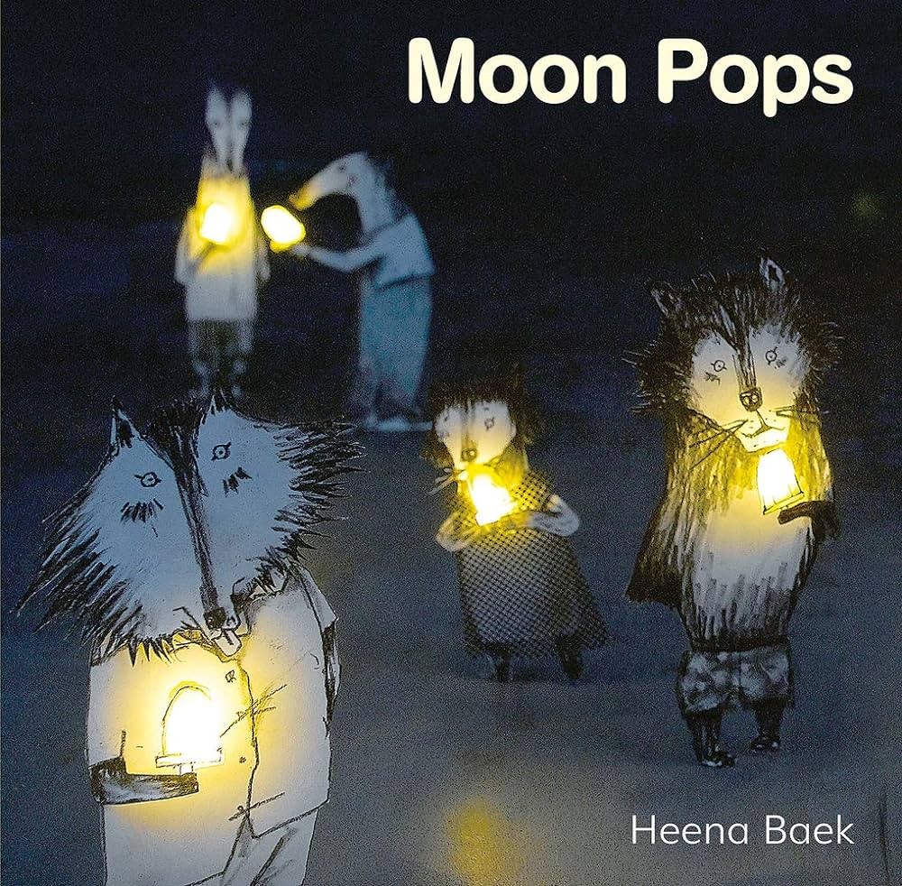 Cover of Moon Pops by Heena Baek, showing a night scene of illustrated animals wearing summer clothes and holding glowing yellow popsicles