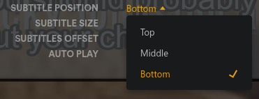 Screenshot of the Plex subtitle position menu showing the options: Top, Middle, Bottom