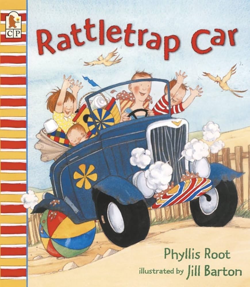 Cover of Rattletrap Car by Phillis Root, showing a cartoon family piled into an old car with steam coming out the front.