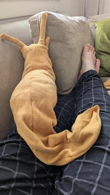 Photo of a half-stuffed banana slug approximately 1 meter long, climbing off my lap onto the back of the couch. My feet are up on the couch and I'm wearing black and white lounge pants