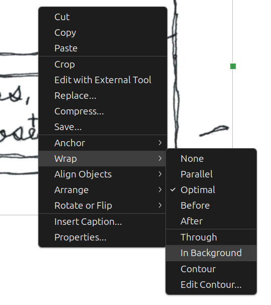 Screenshot of a context menu in LibreOffice Writer, where I am about to select Wrap > In Background